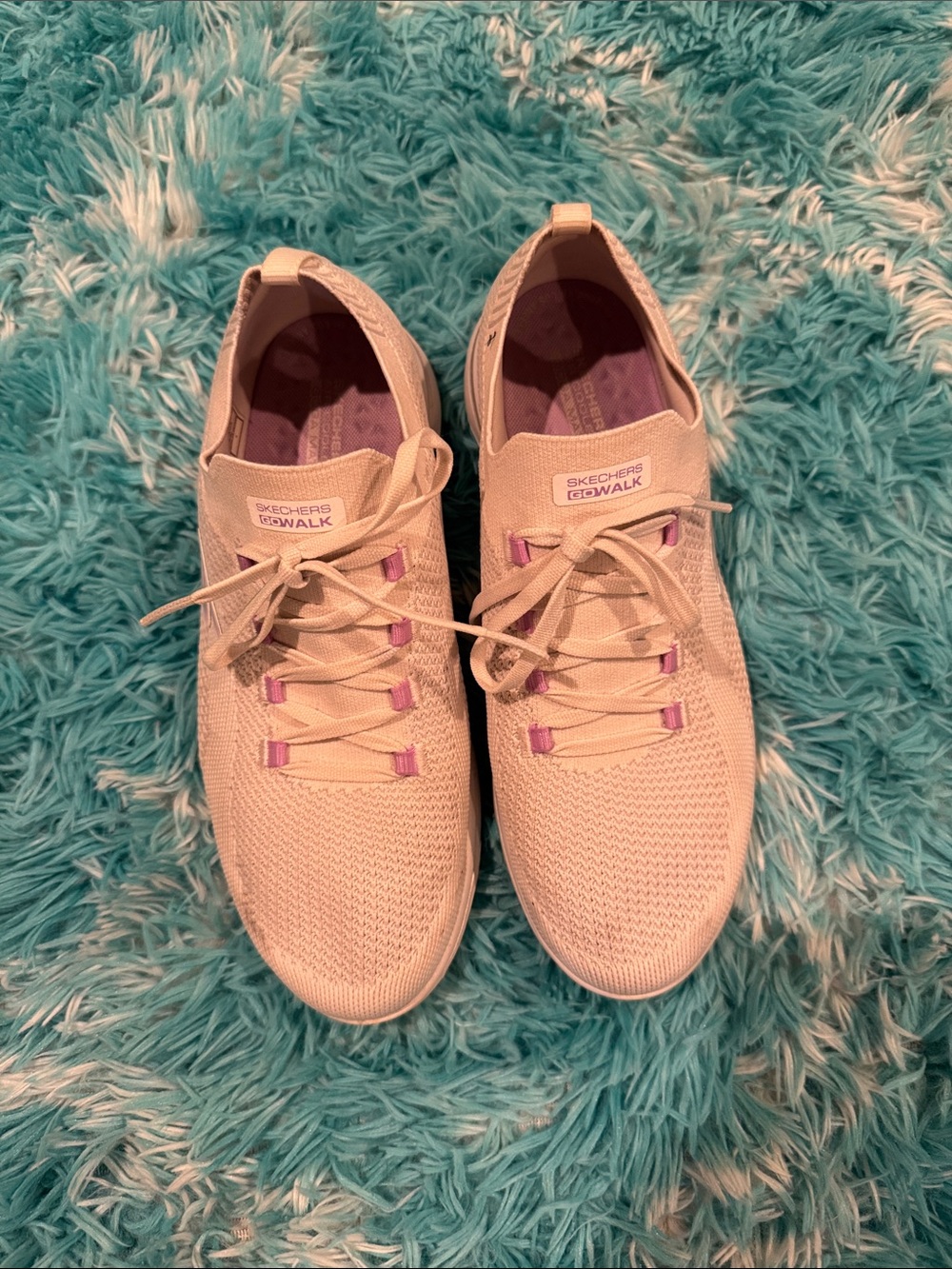 Skechers GOwalk Women's Cream Knit Lace-Up Sneakers with Purple Accents